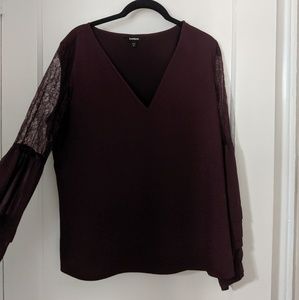 Wine colored blouse with chiffon and lace sleeves